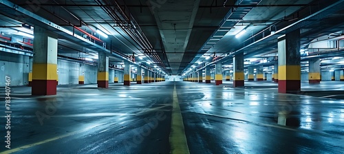 Empty Underground Parking Lot at Night: Eerie Ambiance of Dimly Lit Concrete Structure, Desolate Spaces, and Urban Isolation in Modern Cityscape