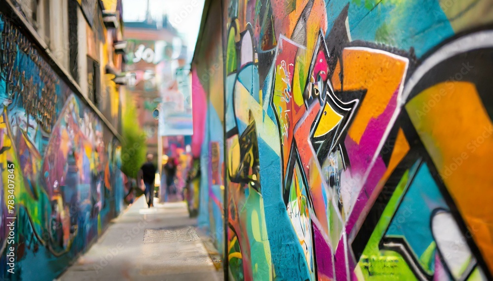 A collage of colorful graffiti tags and murals, captured in a linear layout, with the hustle