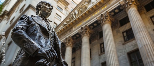 Statue of a famous financier in front of stock exchange, historical figure, legacy in finance photo