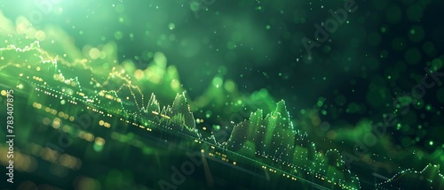 Sharp close-up of rising stock market graph, green glow, optimistic trend photo