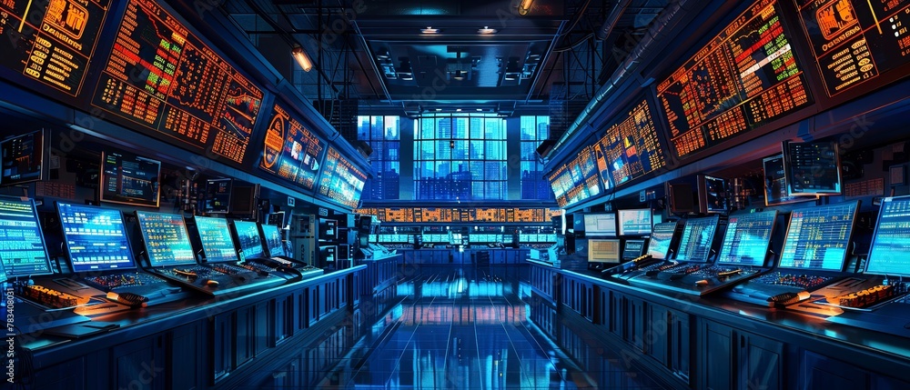 Panoramic view of a stock exchange trading floor, vast space, epicenter of trading, detailed activity
