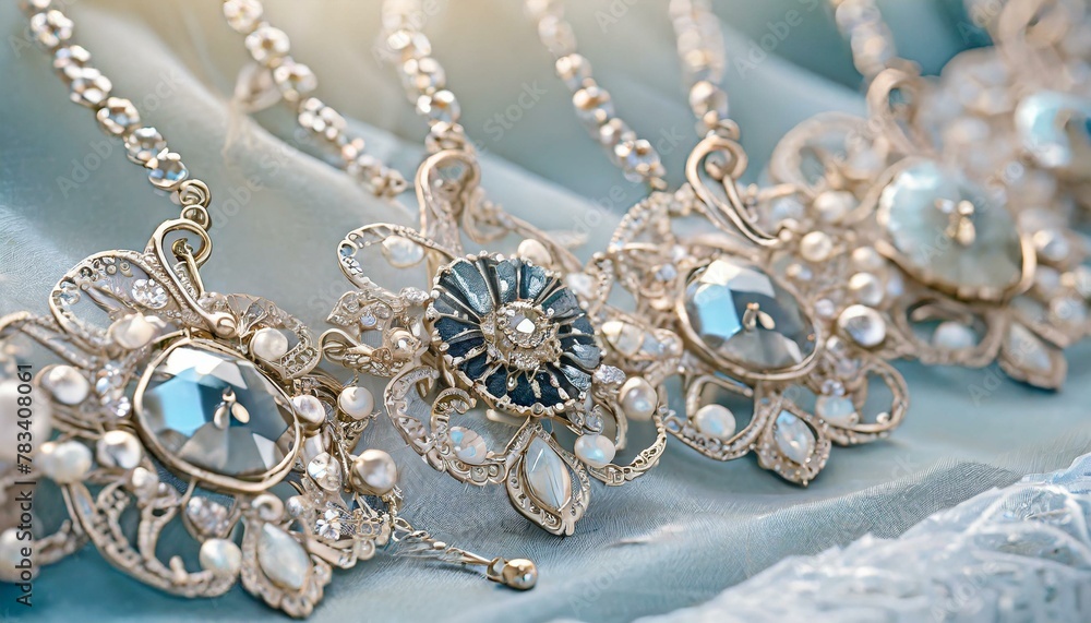 Fototapeta premium A selection of vintage brooches and pendants, each with intricate designs, aligned