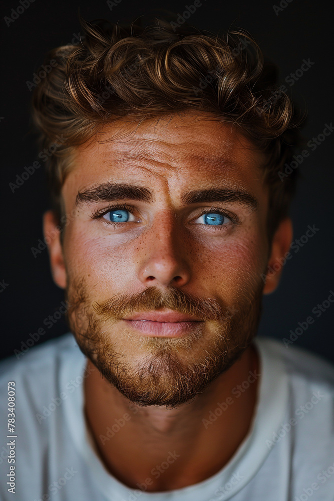Portrait of confident adult man with beard and blue eyes close up Portrait of confident adult man with beard and blue eyes close up