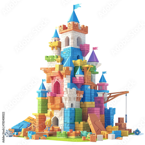 A determined character constructs a towering and vibrant castle using various colorful bricks and tiles on a plain transparent background
