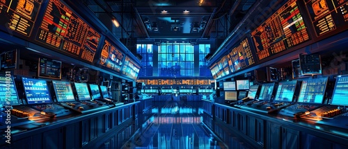 Panoramic view of a stock exchange trading floor, vast space, epicenter of trading, detailed activity photo