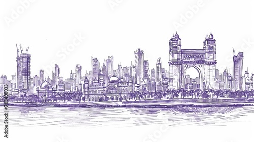 A panoramic sketch in vector art showcasing the skyline landscape of Mumbai, also known as Bombay. It highlights the characteristic buildings and monuments of the city. photo