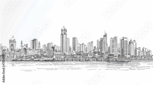 A panoramic sketch in vector art showcasing the skyline landscape of Mumbai  also known as Bombay. It highlights the characteristic buildings and monuments of the city.