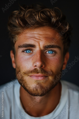 Portrait of confident adult man with beard and blue eyes close up © Miljan Živković