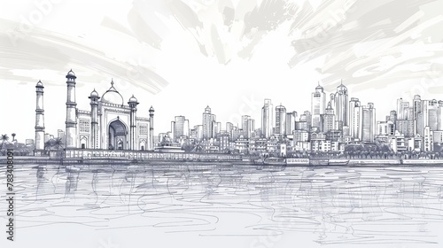 A panoramic sketch in vector art showcasing the skyline landscape of Mumbai, also known as Bombay. It highlights the characteristic buildings and monuments of the city. photo