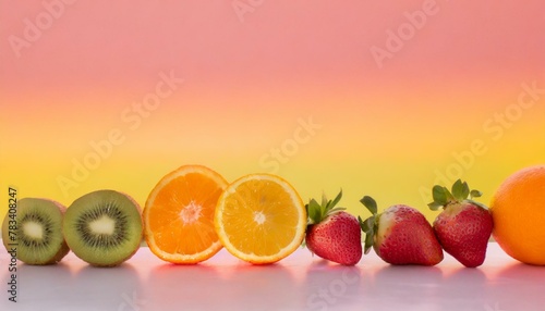 Assortment of fresh, juicy fruits like strawberries, kiwis, and oranges displayed