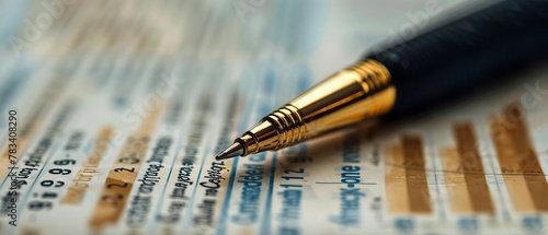Macro shot of pen on financial newspaper, market analysis notes, strategic insights