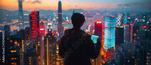 Investor's silhouette against skyline, holding tablet with stock app, dusk light, victorious photo