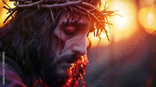 Portrait of a Jesus Christ with a crown thorn. God love the world so much that he gave is only begotten son, that whoever belief in him might not die, but have eternal life. The passion of Christ.  photo