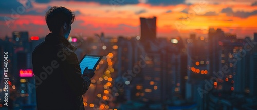 Investor's silhouette against skyline, holding tablet with stock app, dusk light, victorious