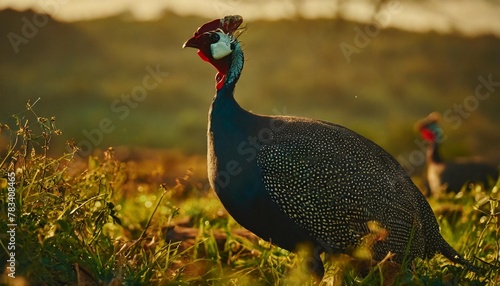 the helmeted guineafowl numida meleagris on a meadow native african bird often domesticated in europe and america photo