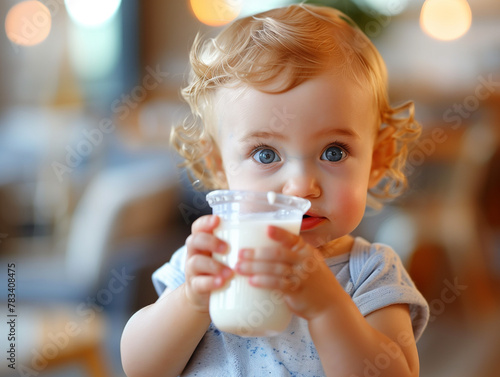 L'alimentation du petit enfant : bébé ou bambin tenant un grand verre de lait maternel photo