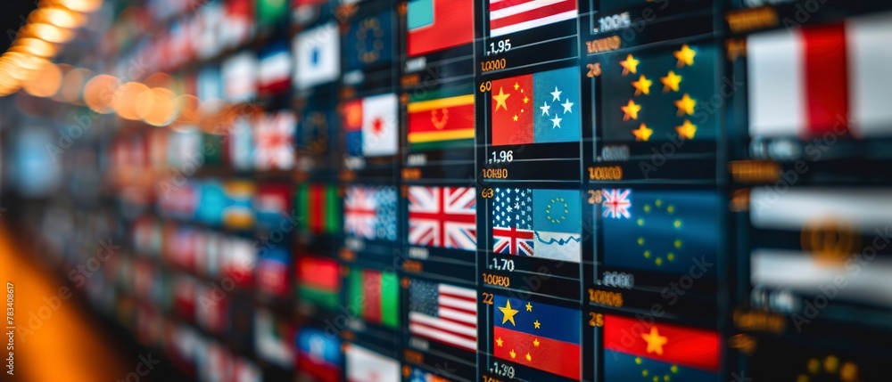 Investment charts with flags of leading economies, sharp focus, well-lit, detailed analysis Investment charts with flags of leading economies, sharp focus, well-lit, detailed analysis