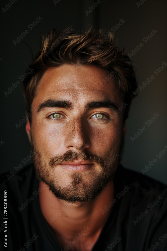 Portrait of confident adult man with beard and blue eyes close up Portrait of confident adult man with beard and blue eyes close up