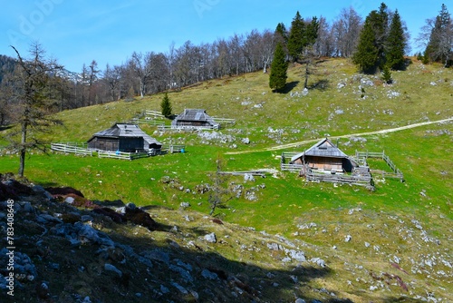 View of Konlščica alpine pasture near Velika planina in Slovenia
