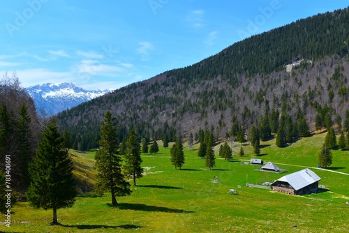 View of Dol mountain pasture and Kalški Greben mountain behindin Slovenia