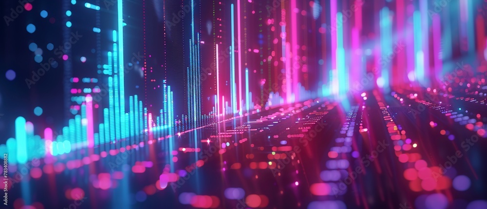 Graphs and charts showing stock market trends, neon glow, macro shot, futuristic style
