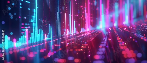 Graphs and charts showing stock market trends  neon glow  macro shot  futuristic style