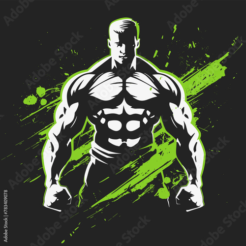 muscular man logo for the gym, light green color and white, black background