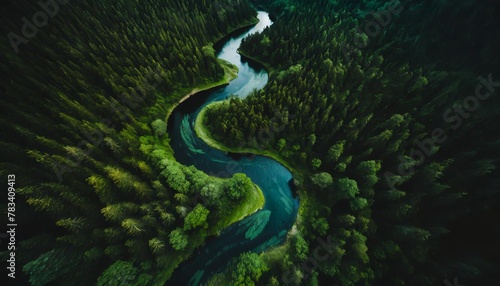 unique aerial view of a winding river cutting through a vibrant green forest save the planet concept world enviroment day generative ai © Jayla