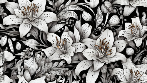 Complex zentangle lily seamless pattern, featuring intricate petals and delicate stamens. photo