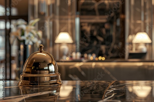 Golden service bell on a polished marble counter with a luxurious lobby background. Hotel Reception Bell on Marble Counter