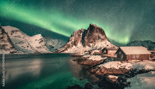 aurora borealis northern lights view on the house in the hamnoy village lofoten islands norway landscape in winter time mountains and water photo