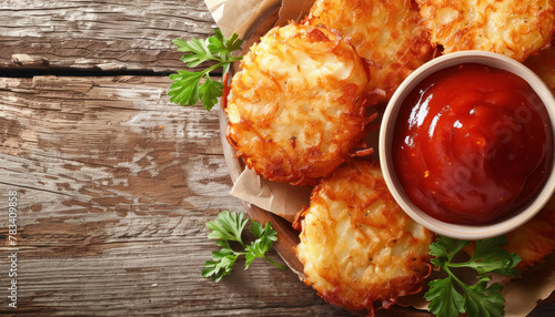 crispy potato hash brown patties with fresh parsley and ketchup, free space for text  photo