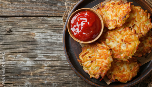 top view, golden crispy hashbrowns with tomato sauce in rustic setting