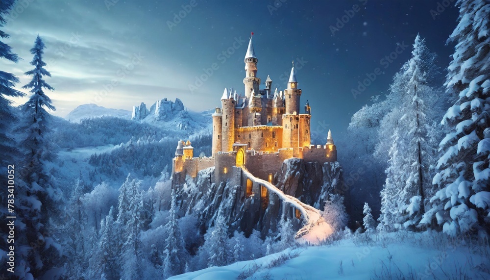 magic castle in a winter wonderland fantasy snowy landscape winter castle on the mountain winter forest