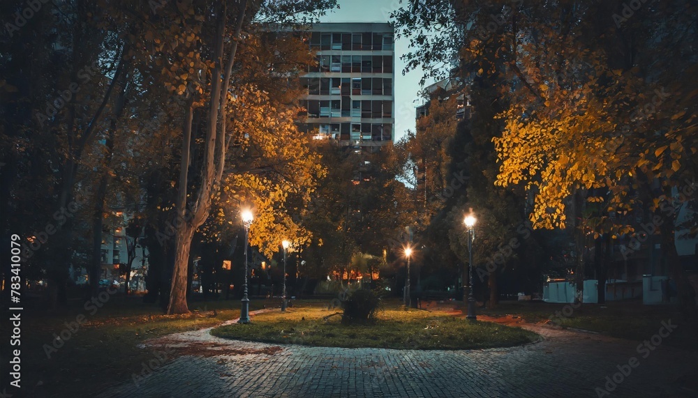 square in a park in autumn surrounded by office buildings
