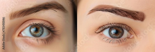 Female brow comparison following permanent makeup or brow shape correction photo