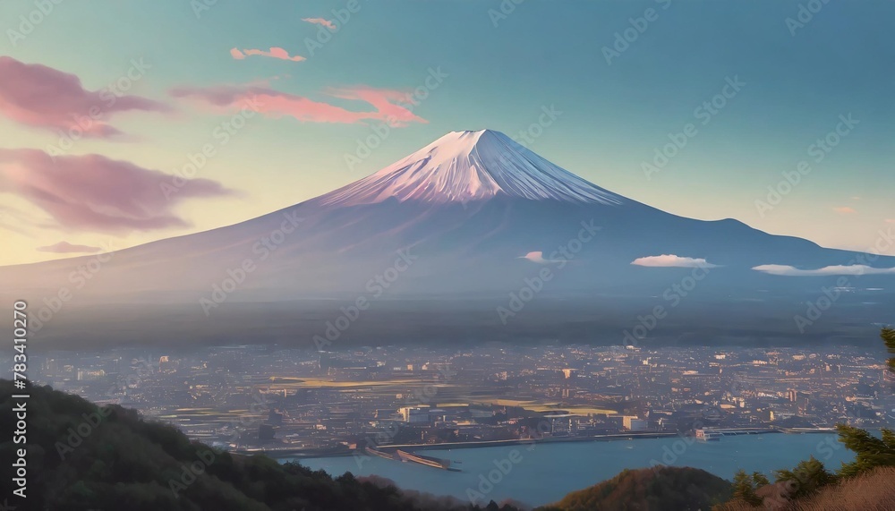 the view of mount fuji from a city anime style generative ai technology