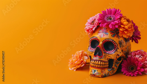 colorful day of the dead skull with floral crown for cinco de mayo festival on vivid orange backdrop, copy space for text 