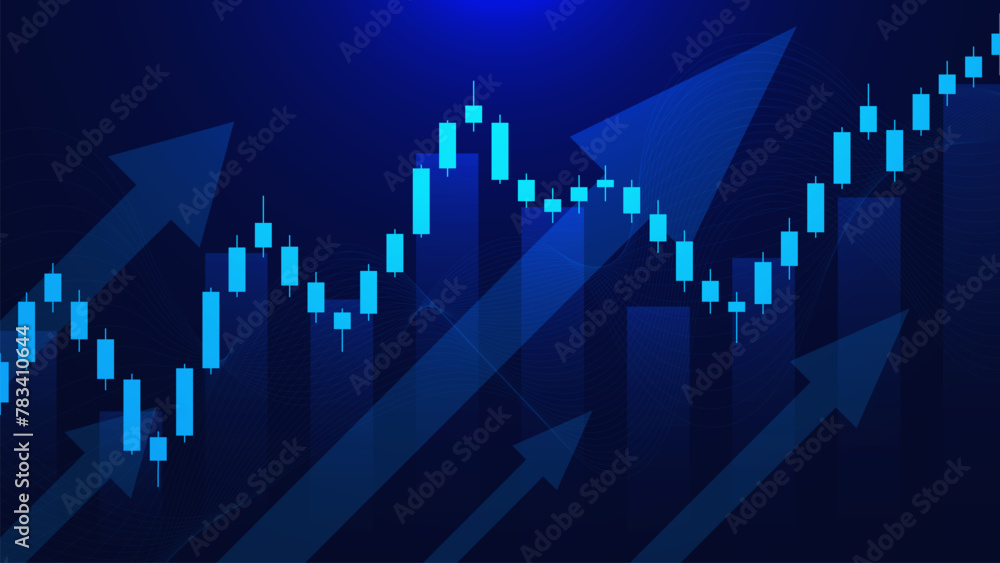 Candlestick chart with up arrows. Business investment graph, financial report, stock market and forex trading concept.