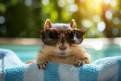 Funny little chipmunk in sunglasses on swimming pool background photo