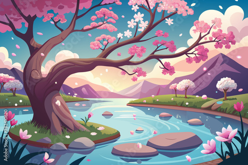 Flowing cherry blossom petals in a serene pond illustration, Cherry blossom sakura tree in a pond vector illustration photo