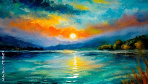 sunset emotional painting water ripples oil on canvas in an emotional watercolor style surreal texture ai image gnerative © Kira