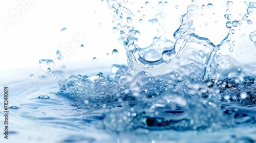 Splashes of blue water on a white background. Pure transparent liquid for advertising background, cover, per poster.