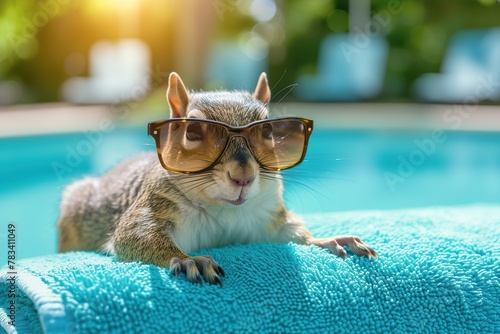 Cute squirrel in sunglasses in swimming pool in summer day