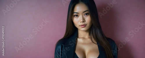 Sexy asian model with deep cleavage top. Copy space photo