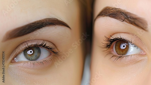 Female eyebrows both with and without brow adjustment. Close-up photo