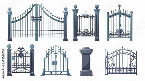 Cartoon set isolated fence gate icon. Metal entrance, Fence gate vector illustration on a white background photo
