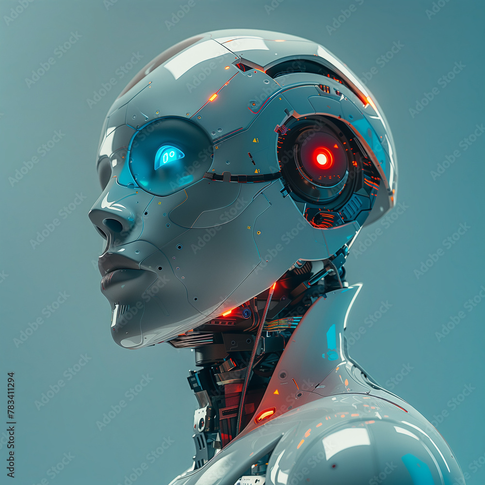 Advanced artificial intelligence robot with glowing blue eyes meticulously engineered in a futuristic high-tech laboratory isolated on a gradient background Advanced artificial intelligence robot with glowing blue eyes meticulously engineered in a futuristic high-tech laboratory isolated on a gradient background