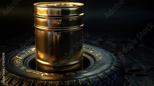 A tire with a golden metal canister against a dark background