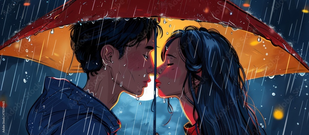 Obraz premium Embracing couple finds shelter under umbrella during rainy weather, sharing a moment of intimacy and connection
